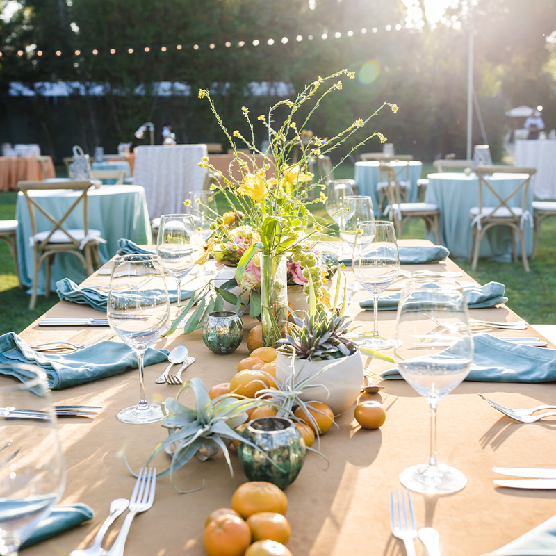Sunlit outdoor reception table with a wildflower centerpiece, citrus fruits, glassware, and blue napkins, surrounded by garden seating.